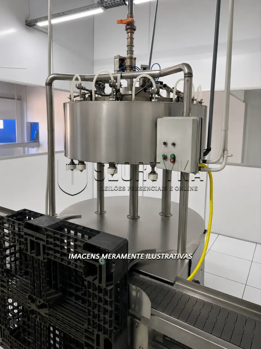 LOTE 001 - 1 (uma) Envasadora de Bombonas Plásticas de 20L, com 12 bicos de envase, capacidade de cerca de 850 bombonas por hora, com motor /pressurizador Conex Pneumáticos, painel de controle analógico Encital Engenharia.