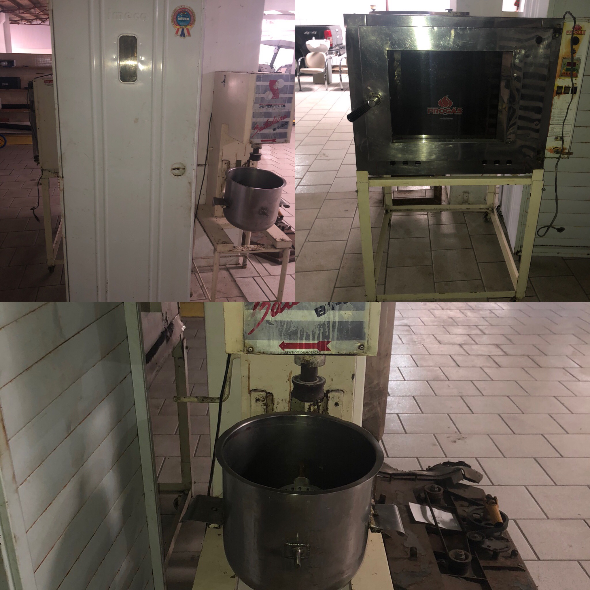 Leilão de um forno a gás, uma batedeira industrial e um armário de pães.